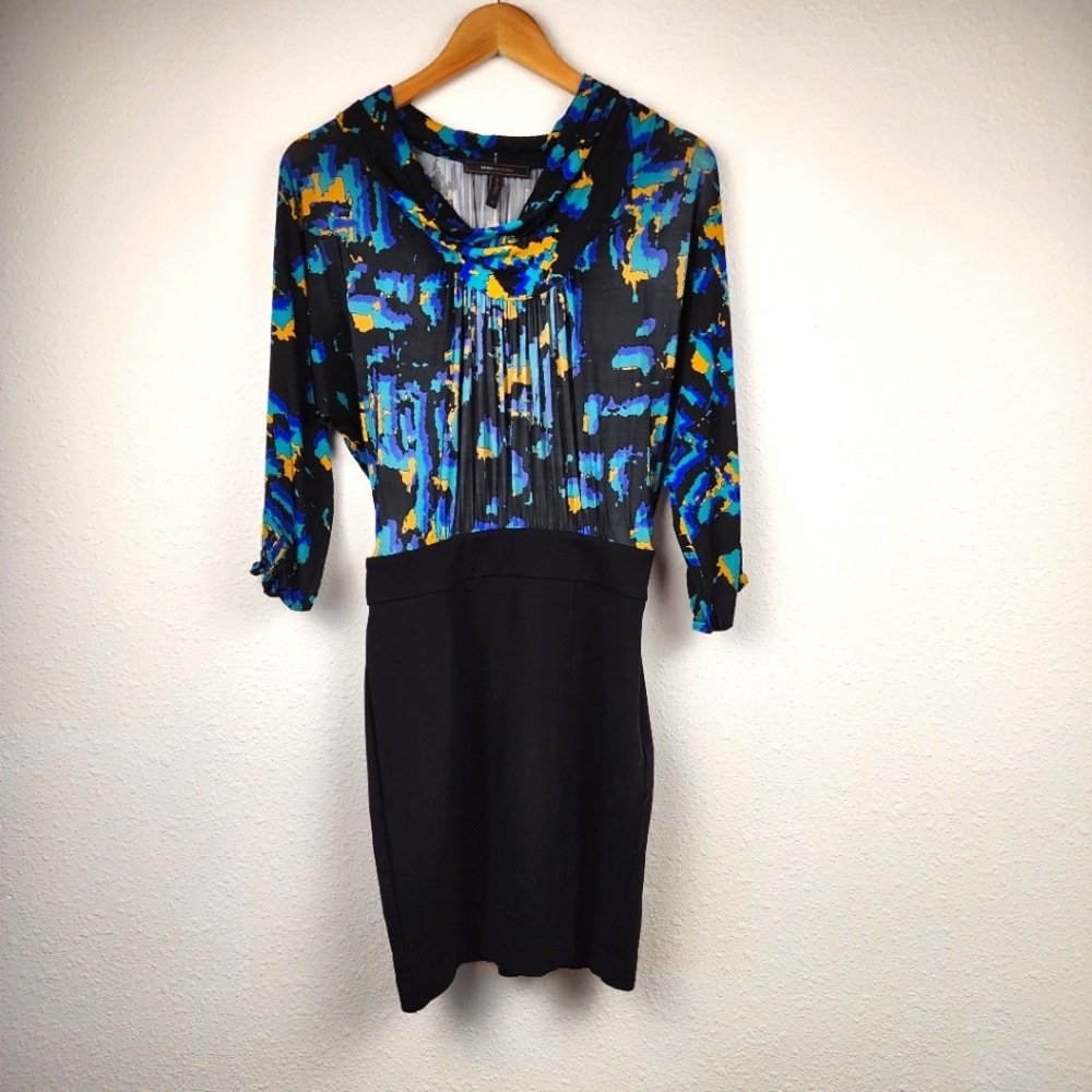 BCBGMAXAZRIA Abstract Print Cowl Neck Pencil Colorful Career Office Dress Size 2